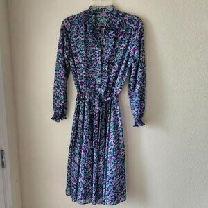 Vintage women floral dress Sz S Multicolor blue lilac teal purple boho cottage